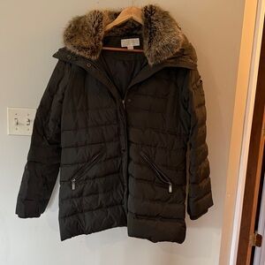 Michael Kors Green Puffer Jacket with Faux Fur Trim